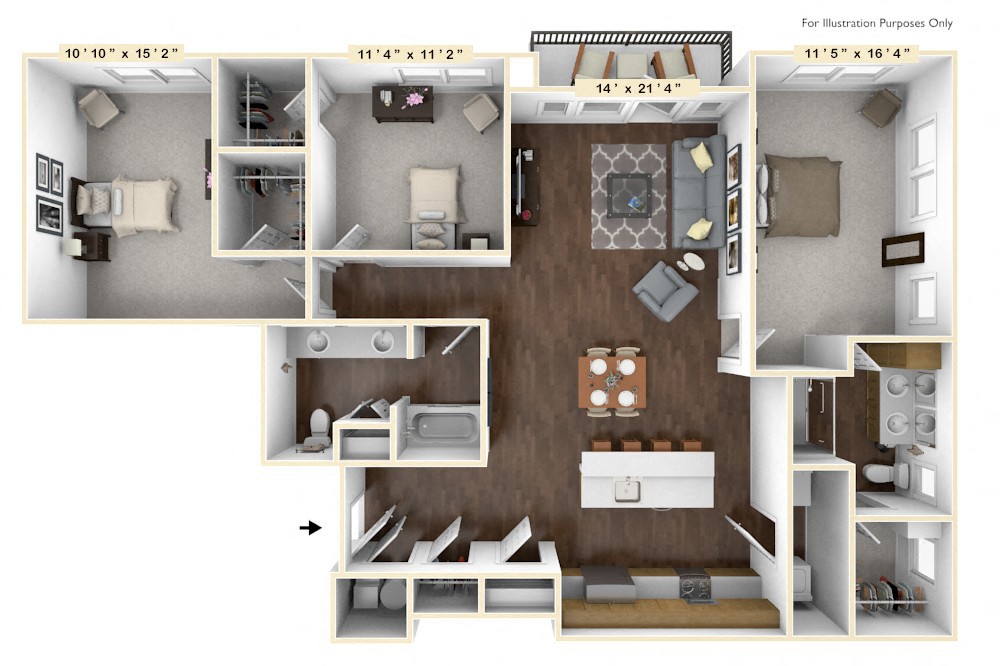 Floor plan for 3 beds, 2 baths, 1559 sqft